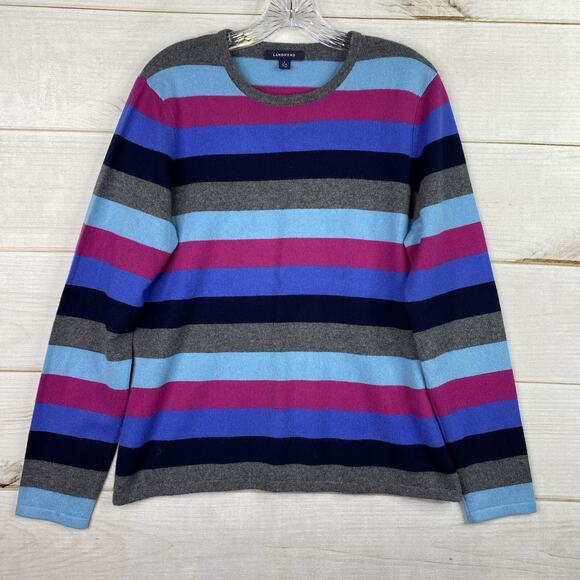 Lands' End Sweaters - Lands End Cashmere Sweater Womens L Blue Pink Striped Pullover Long Sleeve Soft